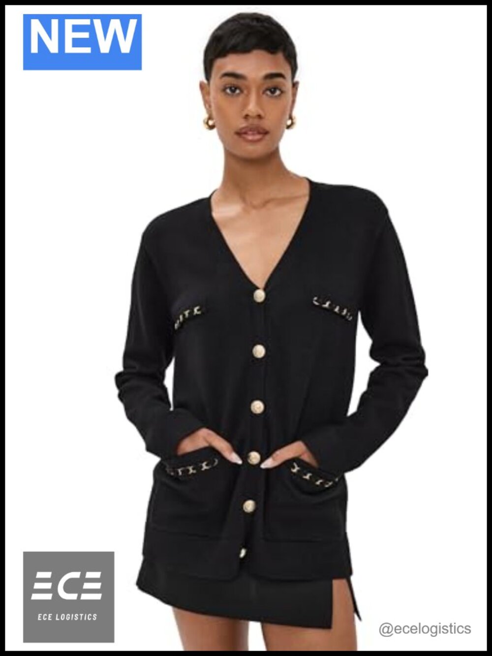 Oversized Chain Cardigan Gold-Tone Hardware Patch Pockets V-Neck Button